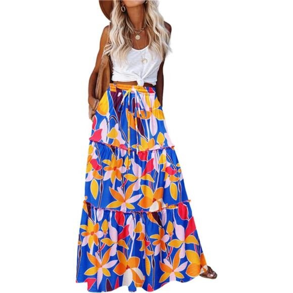 Womens Maxi Skirts, Flowy Skirt with Pockets Blue Floral - Picture 1 of 5